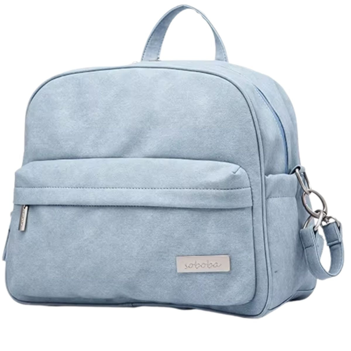sac a langer bleu clair présenté seul sur fond blanc