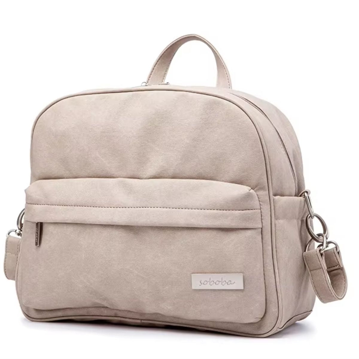 sac a langer gris pierre vue de face posé sur fond blanc