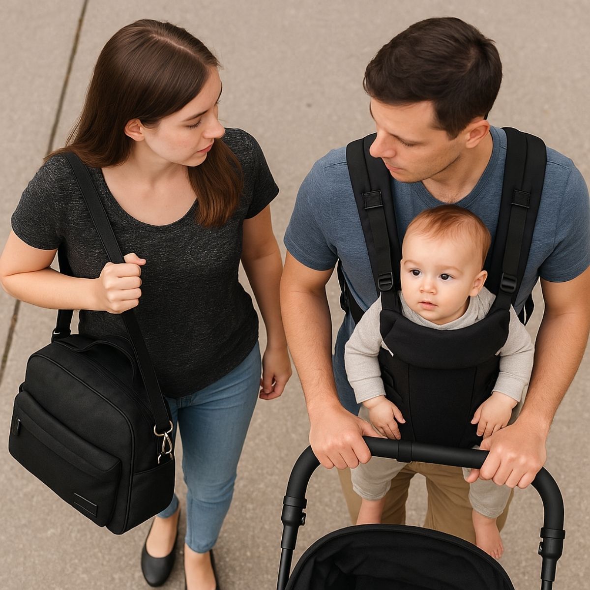 sac a langer noir porté en bandoulière par une maman