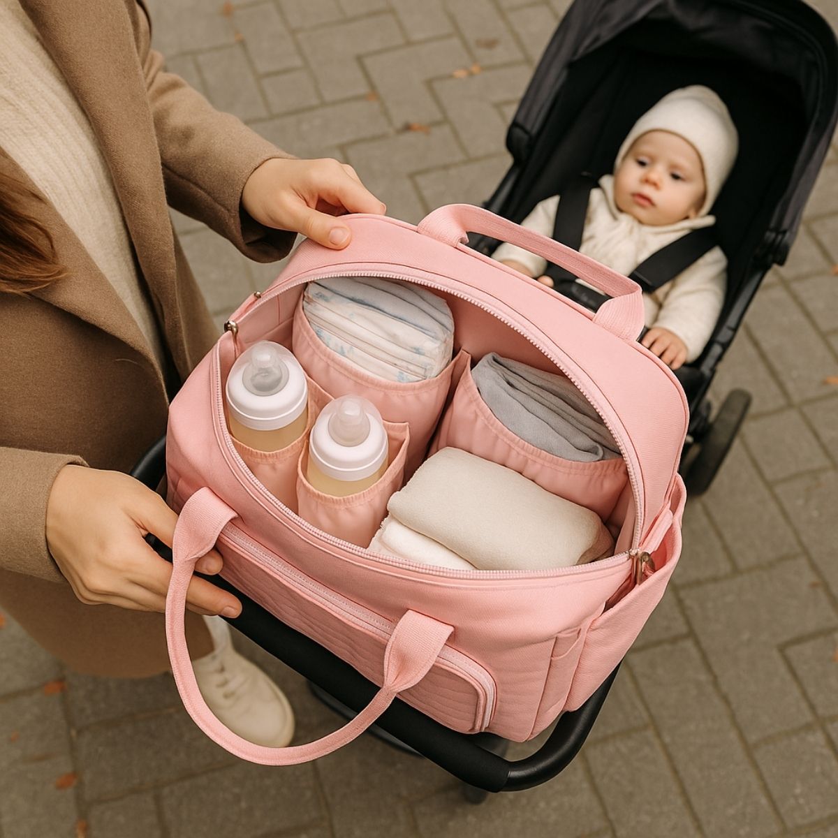 Sac a langer rose ouvert sur poussette, rangé avec biberons et couches