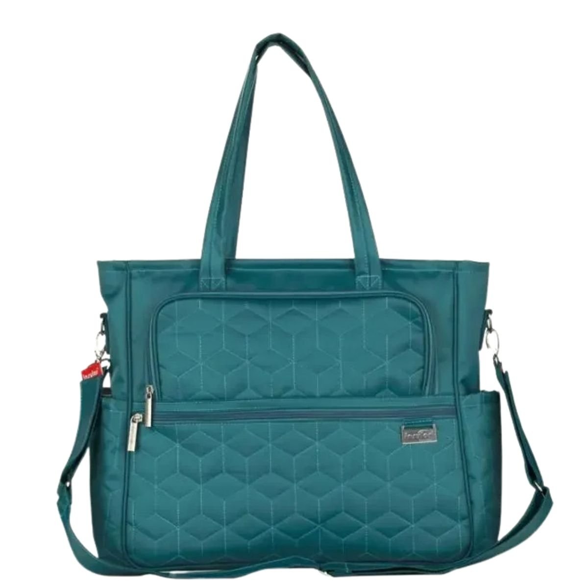 sac a langer vert paon avec tapis de change, vue de face avec bandoulière réglable et poches multiples