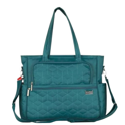 sac a langer vert paon avec tapis de change, vue de face avec bandoulière réglable et poches multiples