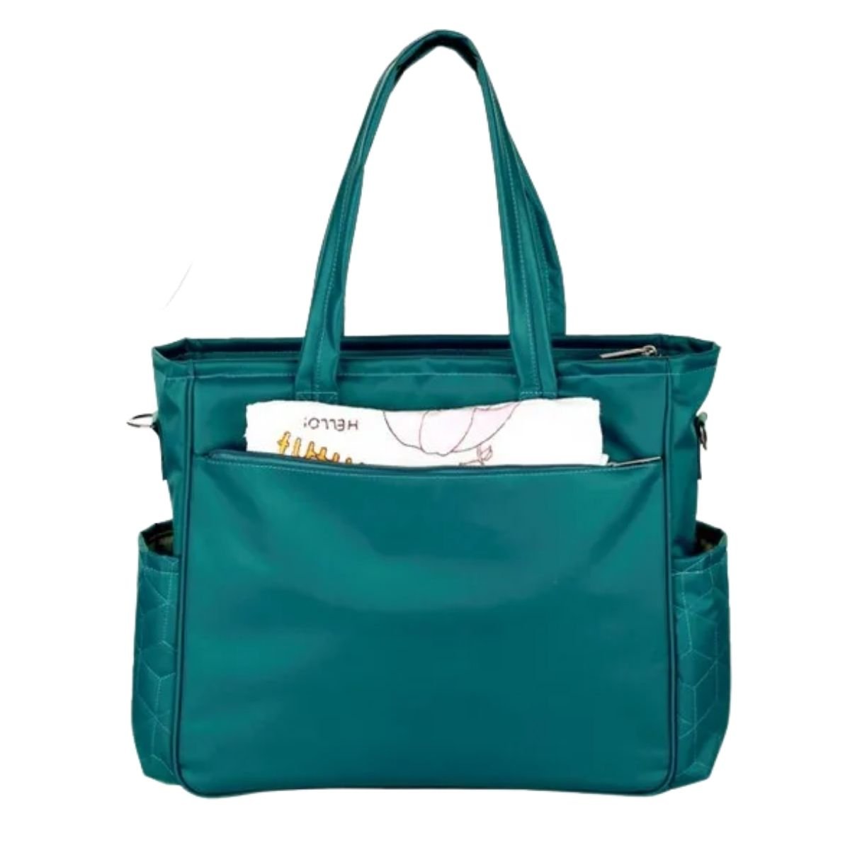 Sac a langer avec tapis de change vert paon, vue arrière avec grande poche de rangement