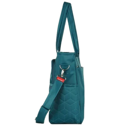 Sac a langer avec tapis de change vert paon, vue latérale avec sangle et poche extérieure