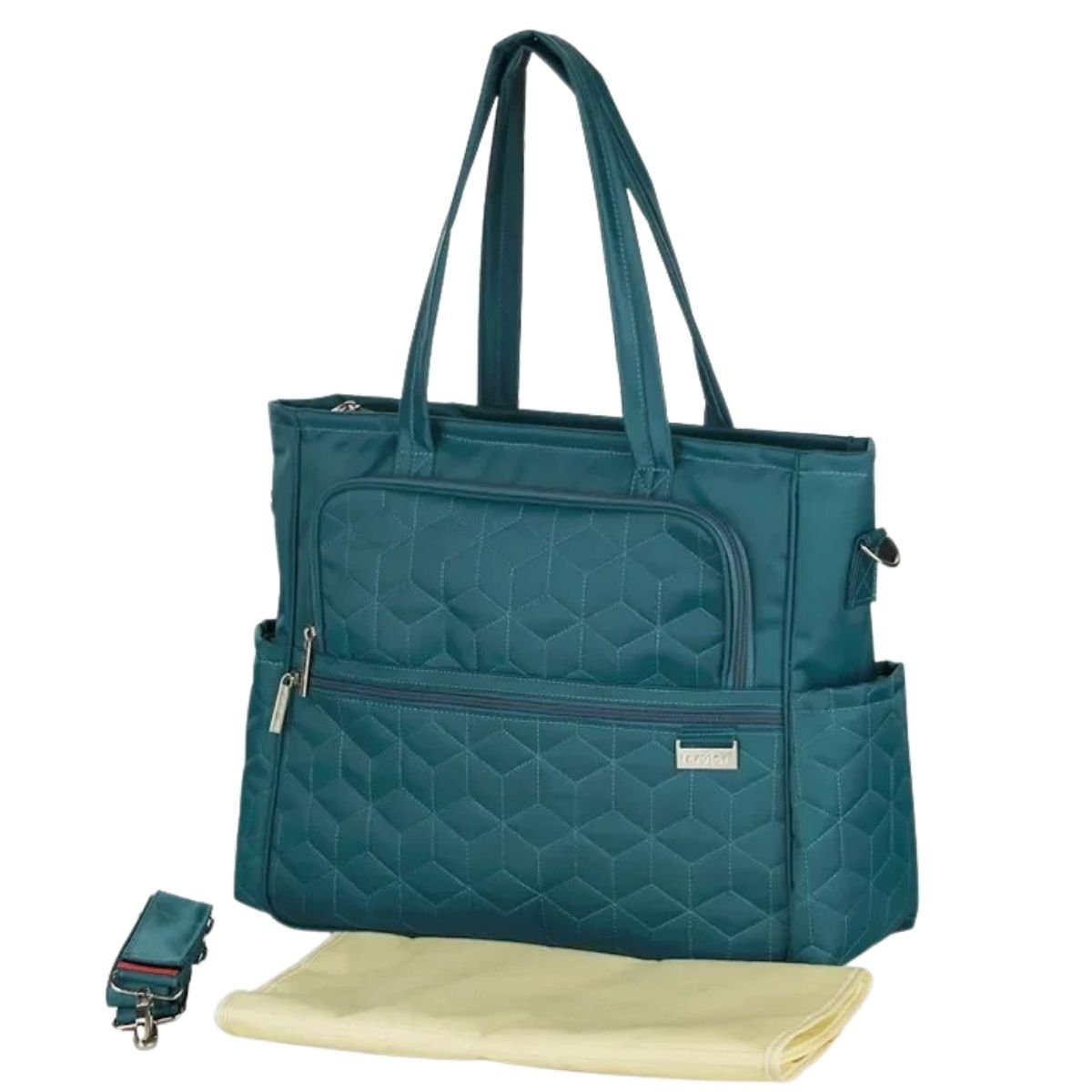 Sac a langer avec tapis de change vert paon, format compact avec poches latérales et tapis pliant