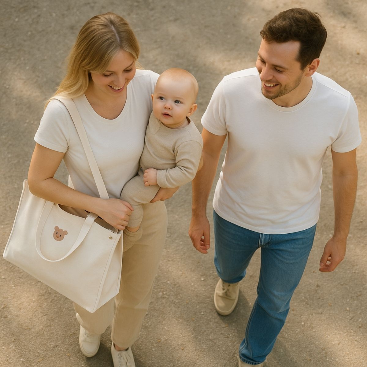 Sac a langer bebe beige porté par une maman en balade avec sa famille