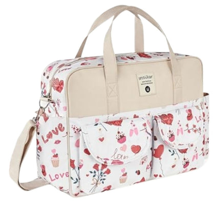 Sac a langer chic beige rosé motif love, modèle élégant pour maman stylée