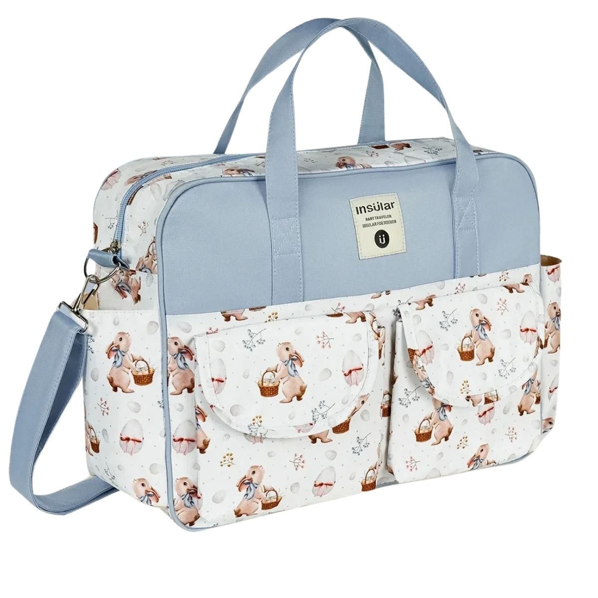 Sac a langer chic lapin de Pâques bleu, modèle élégant pour sorties habillées