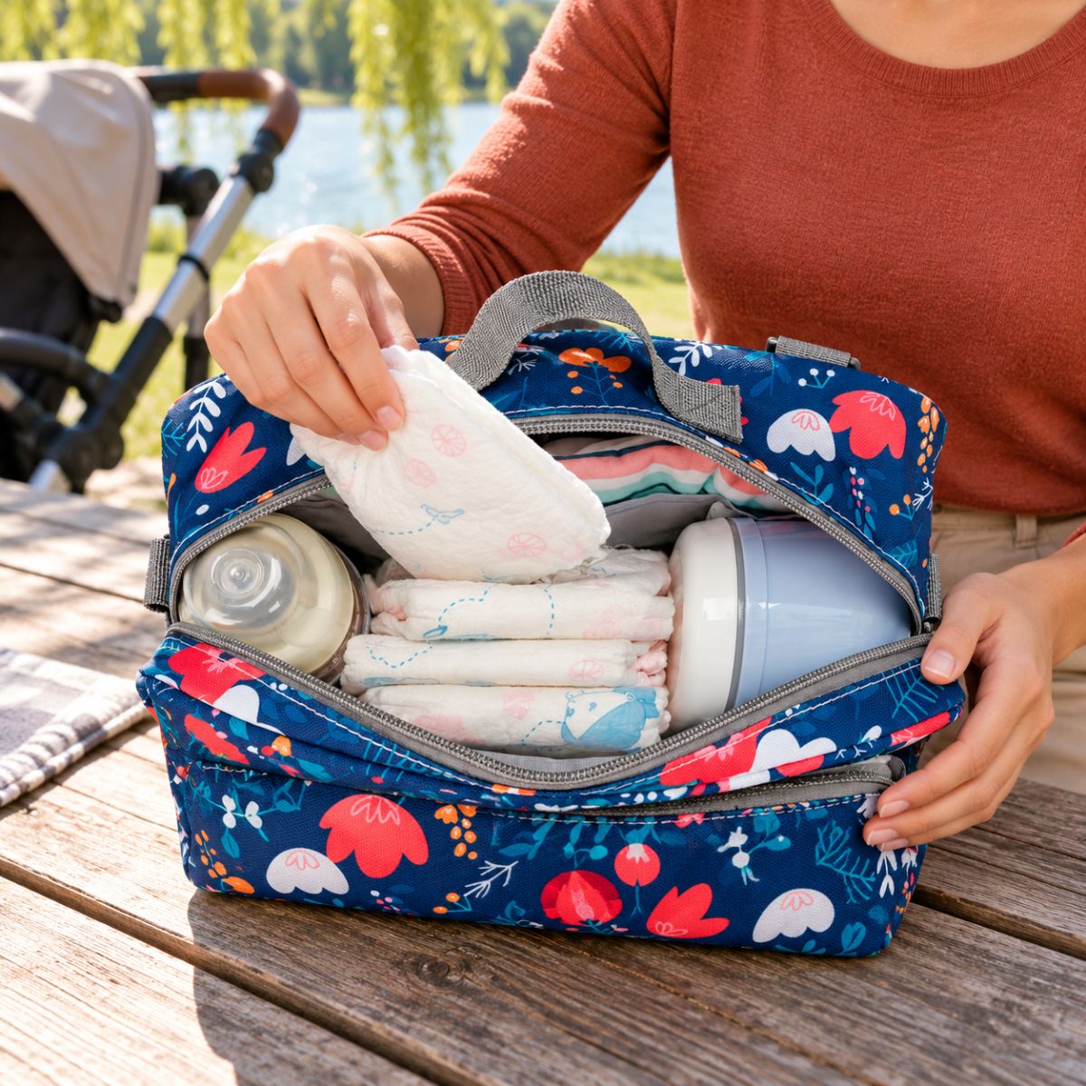 Sac à langer compact bleu marine à fleurs multicolores, compartiment principal zippé ouvert montrant des couches, un biberon et des rangements intérieurs