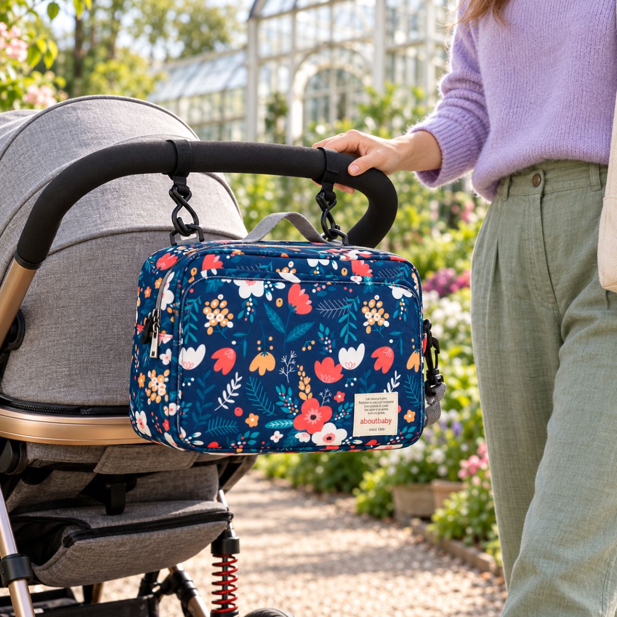 Sac à langer compact bleu marine à motifs de fleurs multicolores et feuillages turquoise, suspendu au guidon d'une poussette par deux attaches, en extérieur