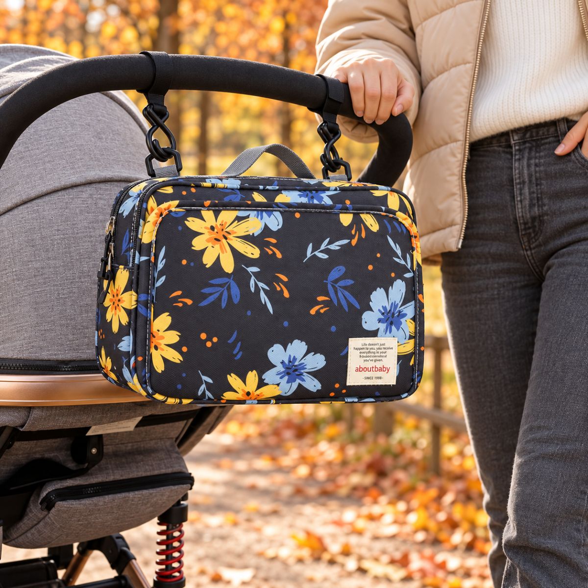 Sac à langer compact noir à motifs de fleurs jaunes et bleues, suspendu au guidon d'une poussette par deux attaches, en extérieur dans un parc automnal