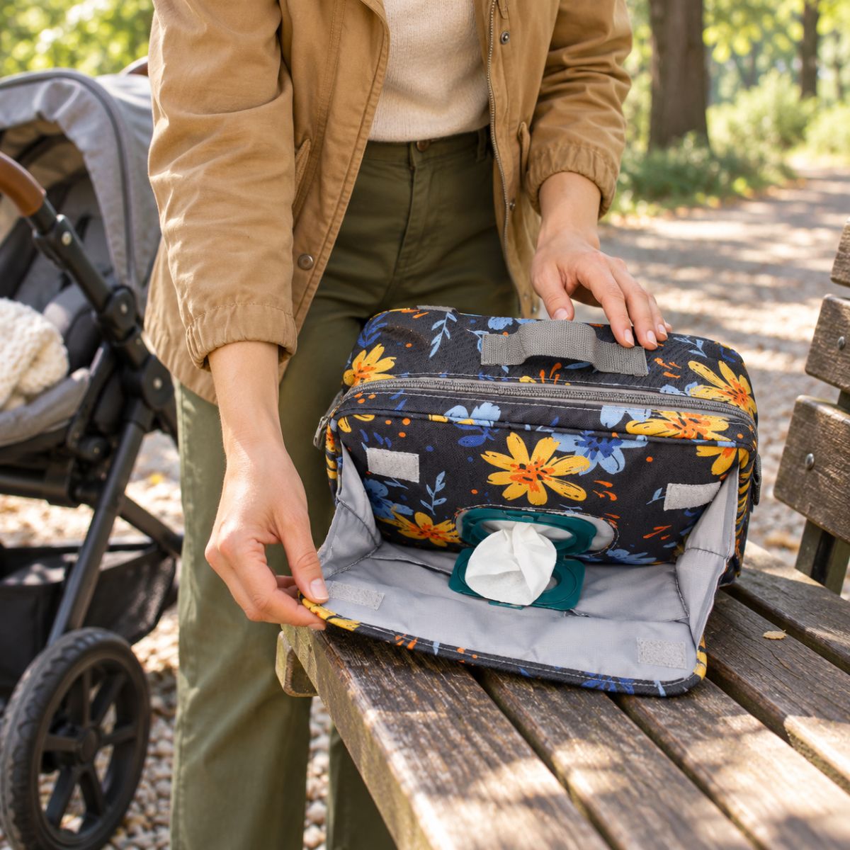 Sac à langer compact noir à fleurs jaunes et bleues, rabat avant ouvert montrant l'accès aux lingettes et la doublure grise, posé sur un banc près d'une poussette