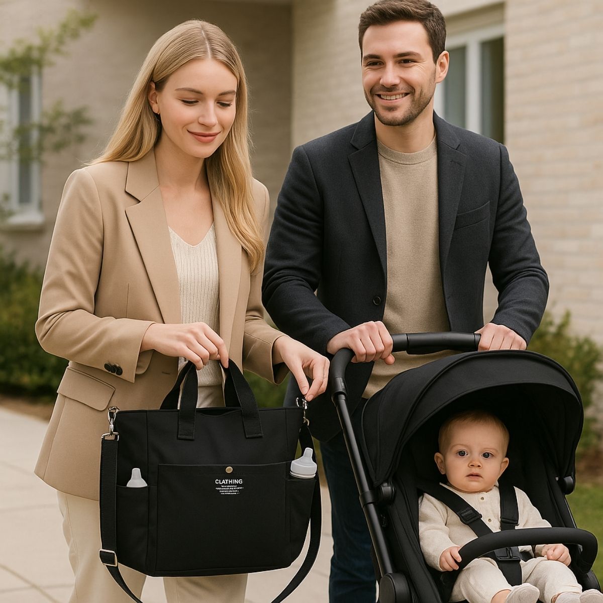 Sac a langer compact noir porté par un couple avec poussette, poches latérales accessibles