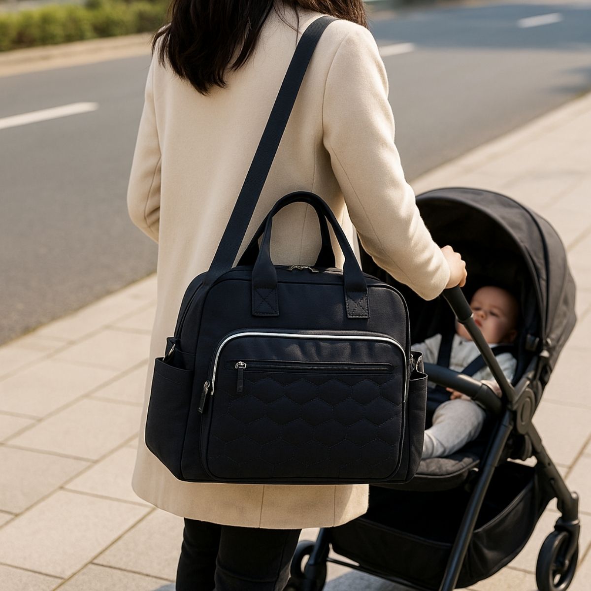 Sac a langer noir accroché à une poussette pendant une promenade