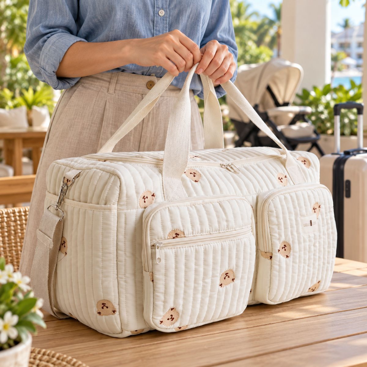 Sac à langer en tissu crème matelassé à motifs de petits oursons beige, avec deux poches avant zippées et anses textiles, posé sur une table près d'une poussette et d'une valise