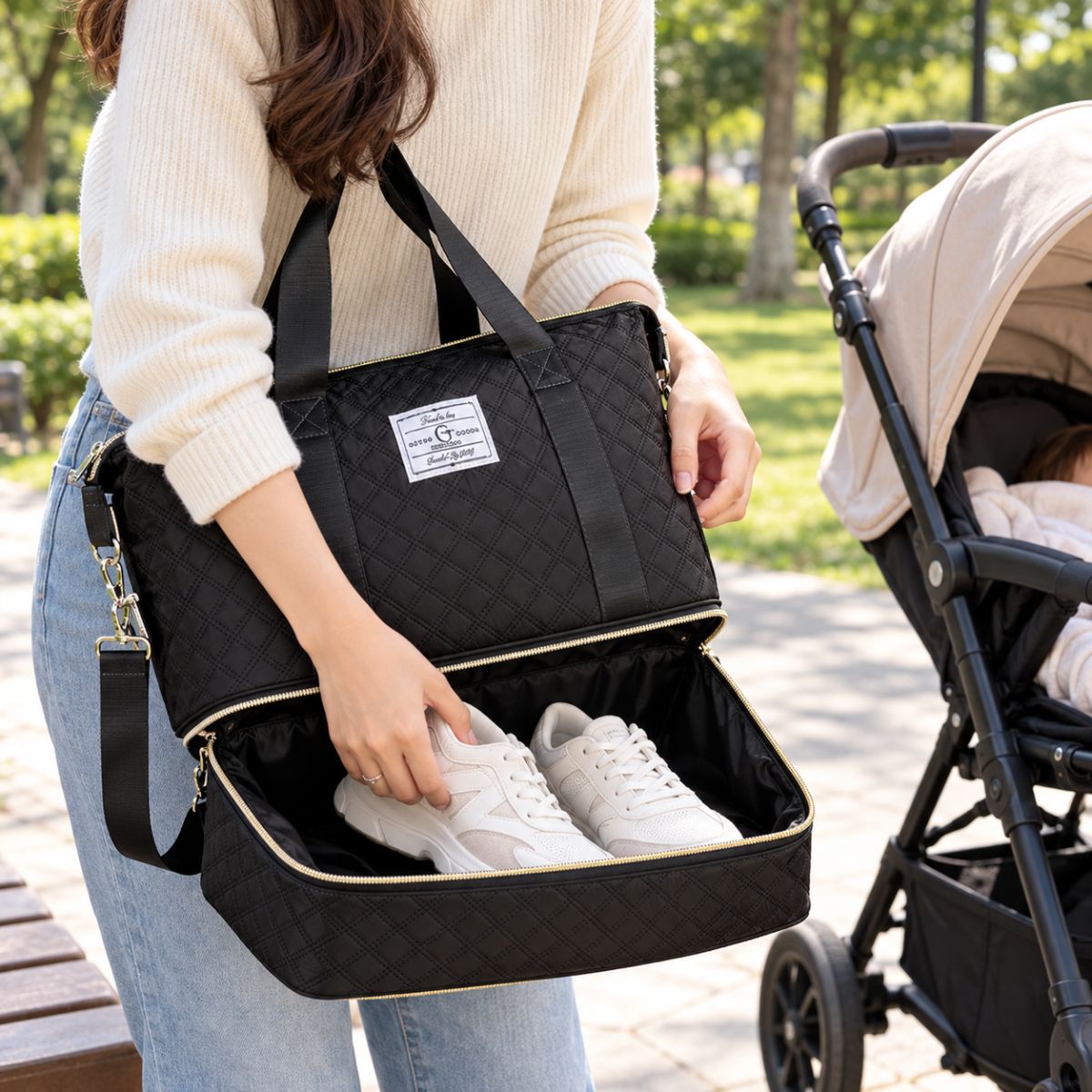 Sac à langer extensible noir avec compartiment inférieur zippé ouvert contenant une paire de chaussures