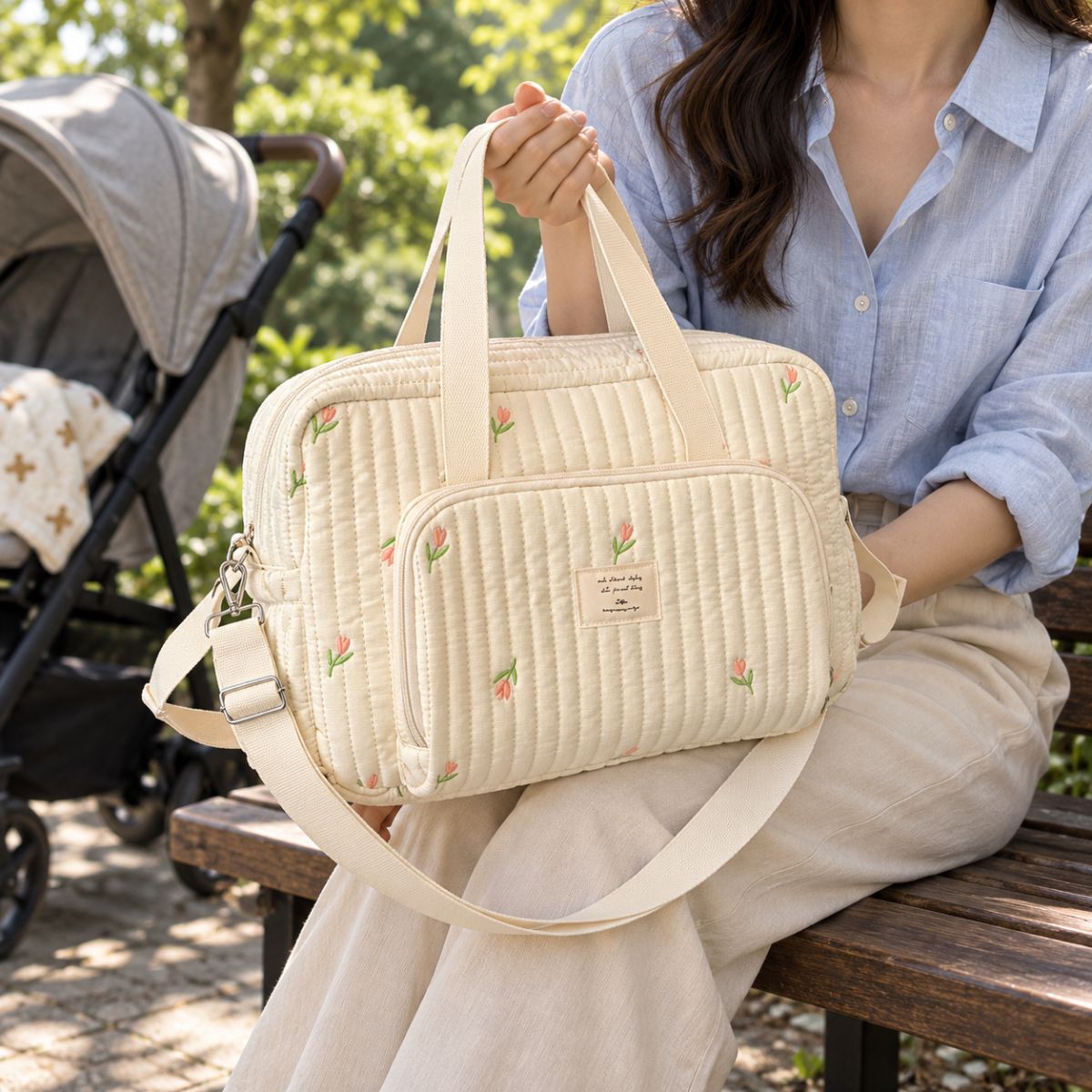 Sac à langer fleuri en tissu crème matelassé, avec broderies roses et vertes, poche avant zippée et bandoulière réglable