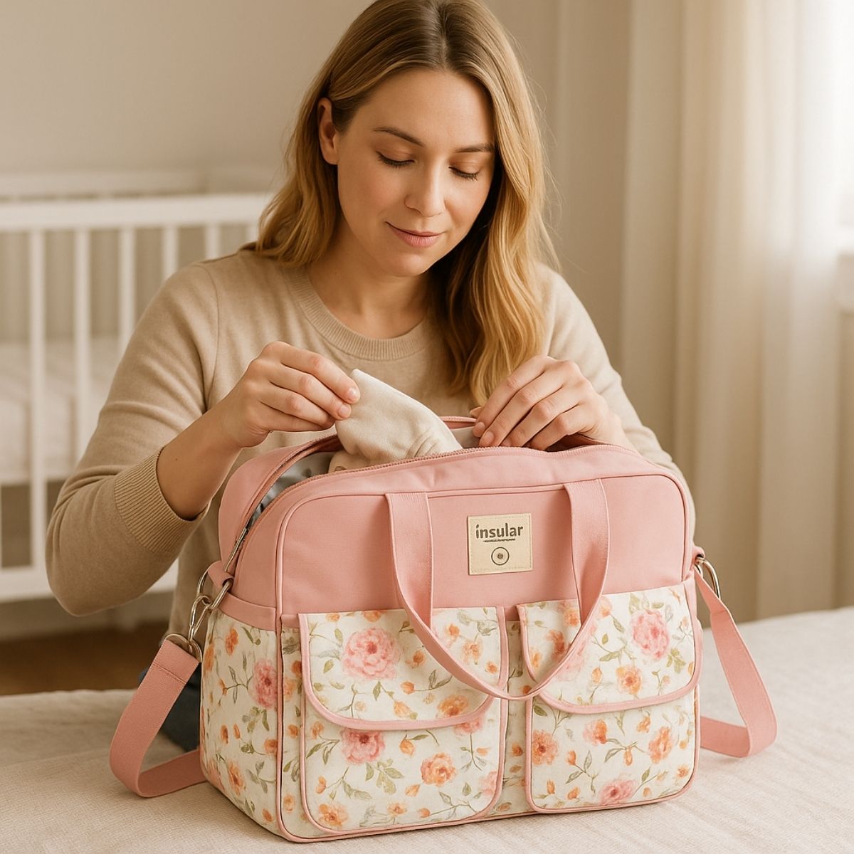Sac a langer grande capacite fleurs roses utilisé par une maman pour ranger les affaires de bébé.