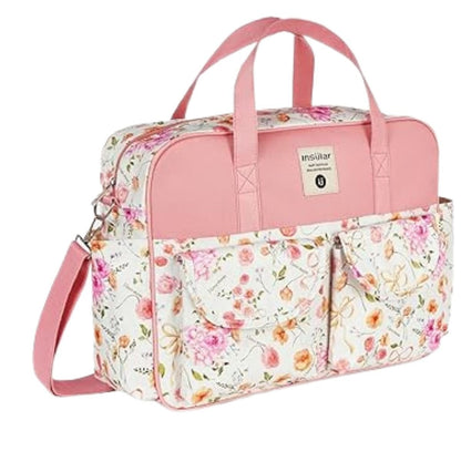 Sac a langer grande capacite fleurs roses avec poches extérieures et bandoulière réglable.