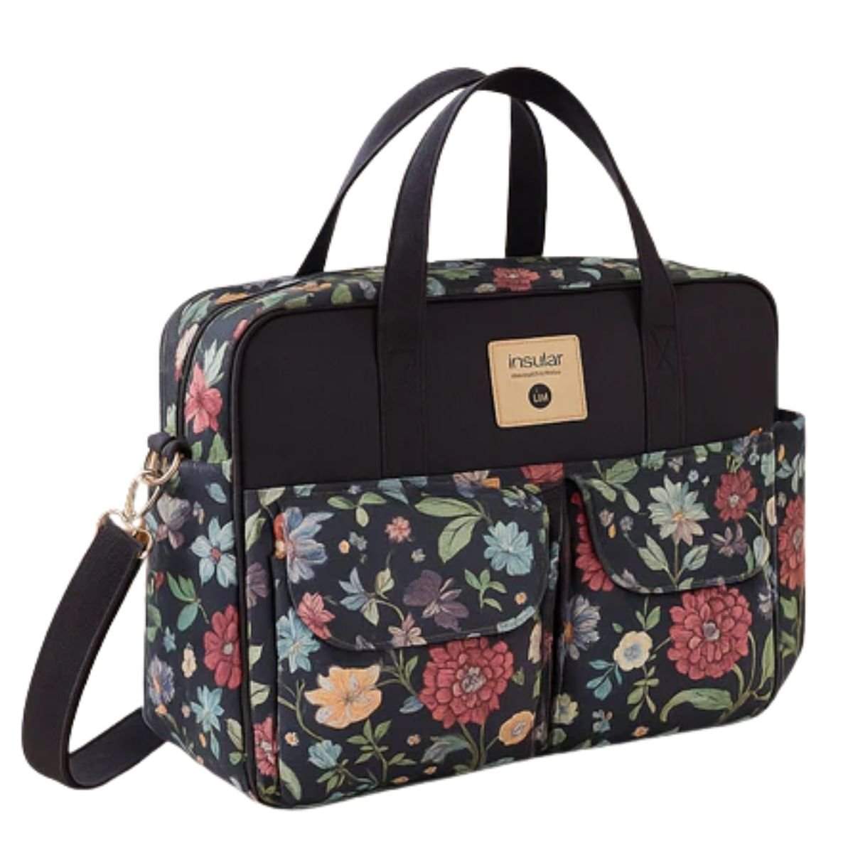 Sac a langer grande capacite fleurs violettes sur fond noir avec poches multiples et bandoulière noire