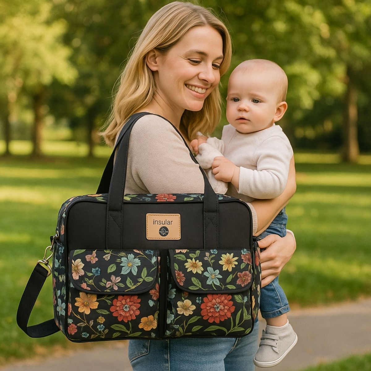 Sac a langer grande capacite fleurs violettes porté par une maman en bandoulière lors d’une sortie au parc