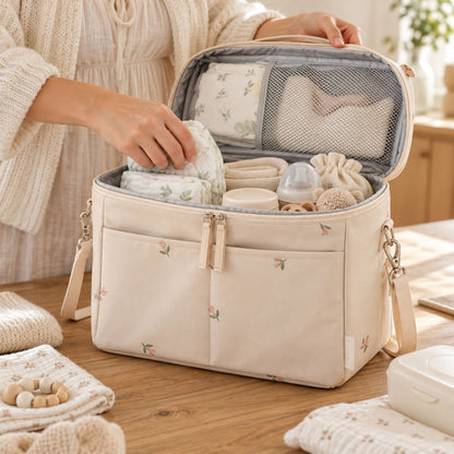Sac à langer isotherme fleurs beige ouvert avec rangements intérieurs