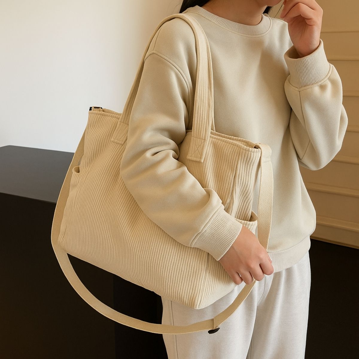 Sac à langer beige porté par une femme, design moderne et léger pour les sorties avec bébé