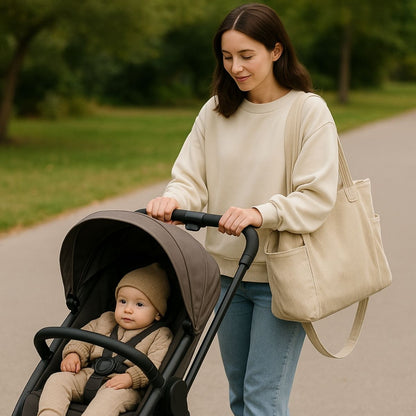 Sac à langer beige porté à l’épaule par une maman poussant une poussette avec son bébé