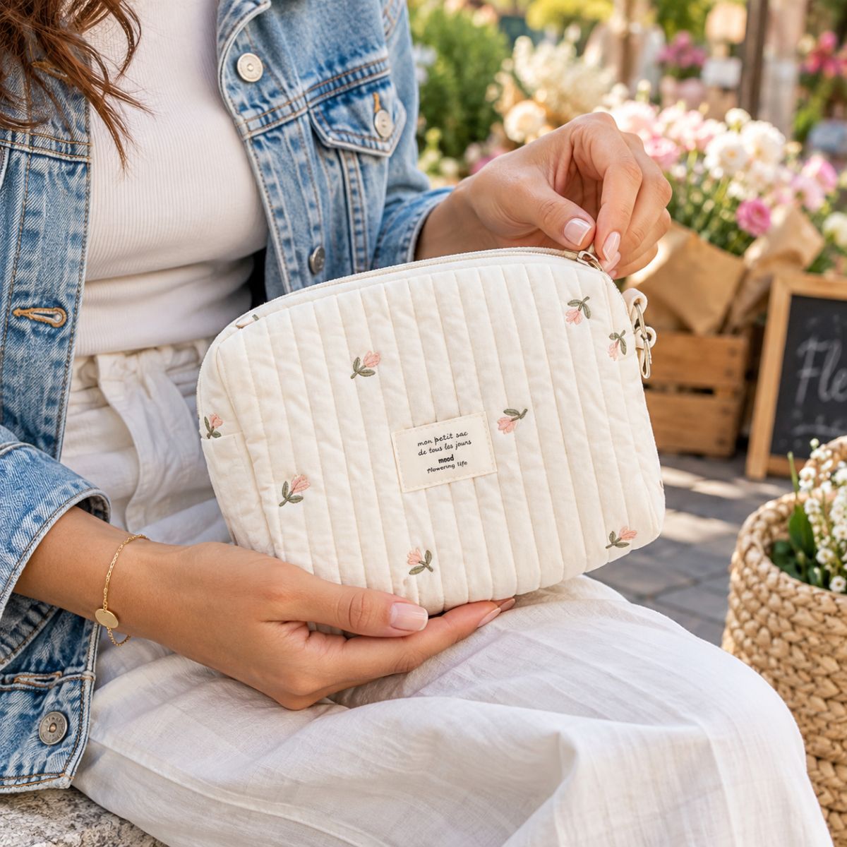 Sac à langer matelassé Petit Tulipe présenté à la main avec fermeture zippée visible