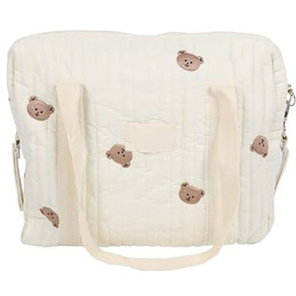 sac a langer brodé grand ourson crème, disposé de face avec anses en coton beige