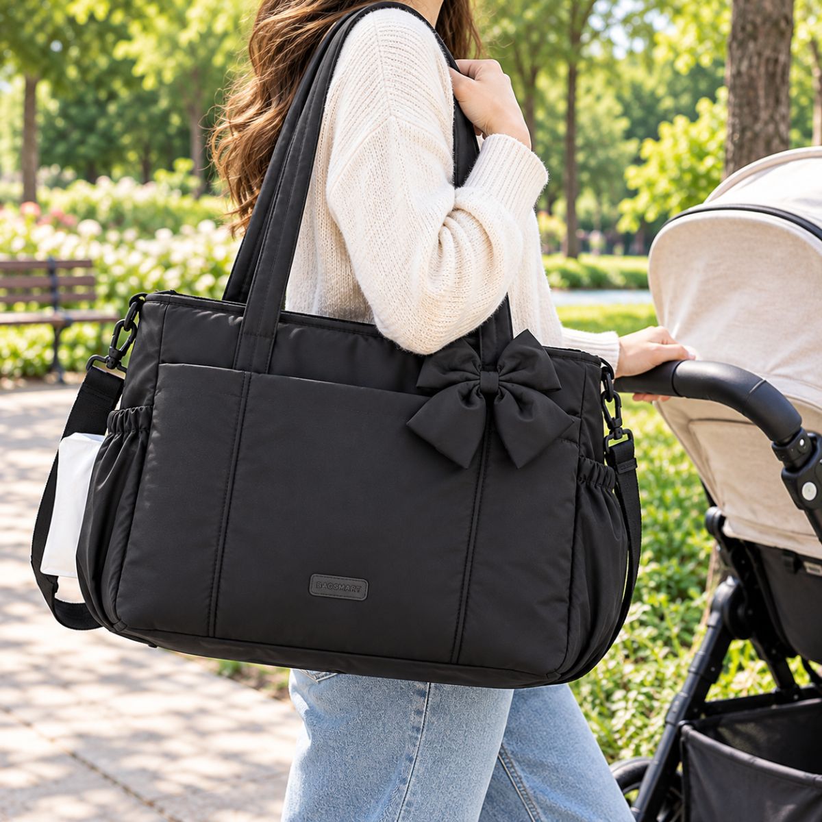 Sac à langer multifonction noir avec nœud décoratif, porté à l'épaule par une maman près d'une poussette au parc