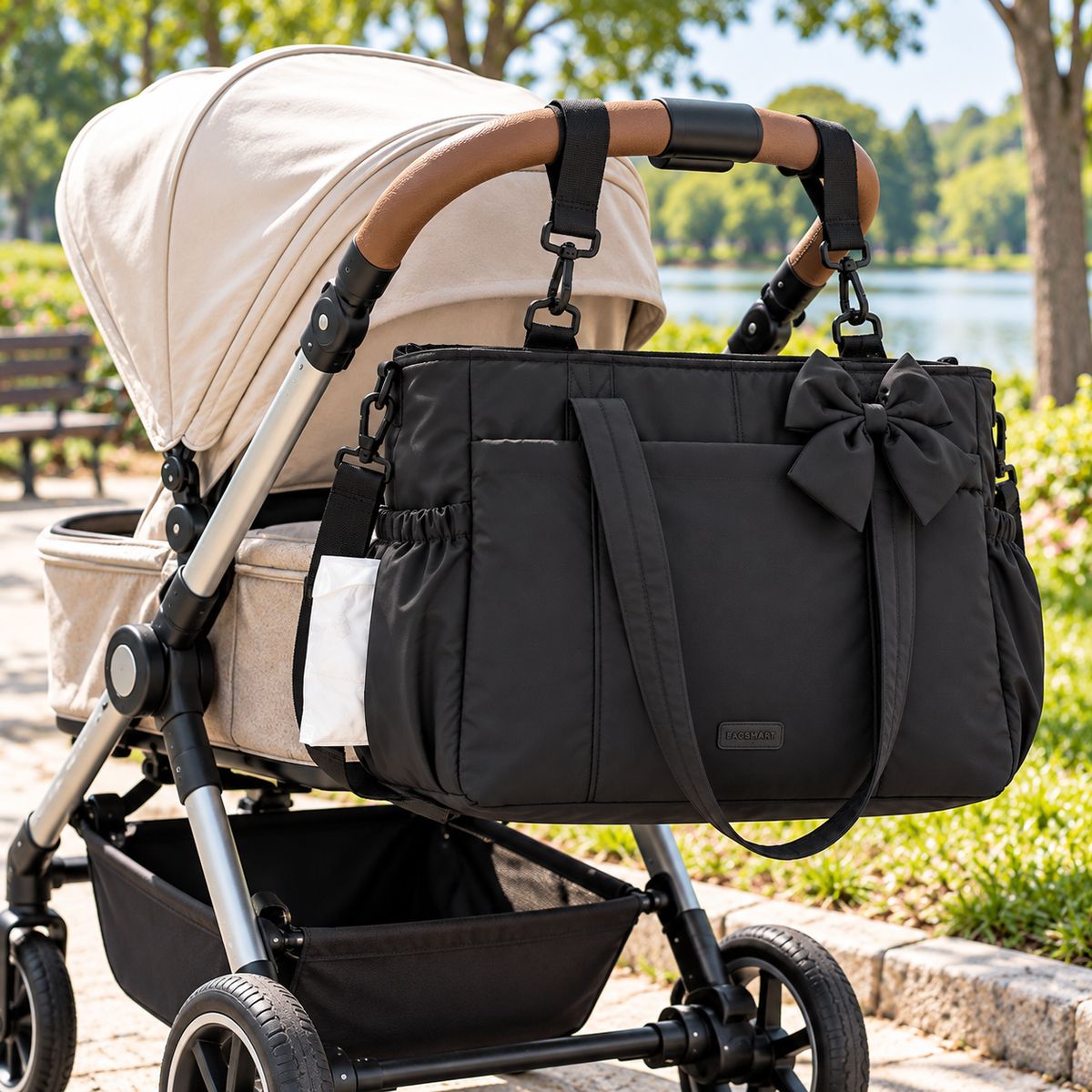 Sac à langer multifonction noir avec nœud décoratif, suspendu à une poussette beige dans un parc
