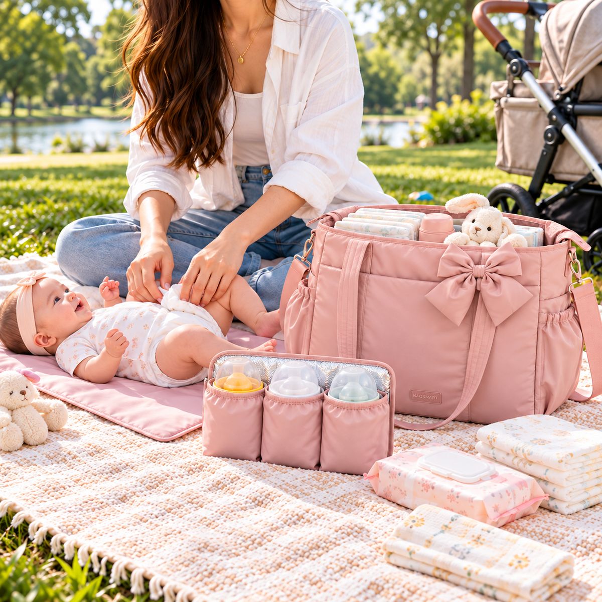 Sac à langer rose pâle ouvert, accompagné de sa pochette isotherme amovible pour trois biberons et d'un tapis de change