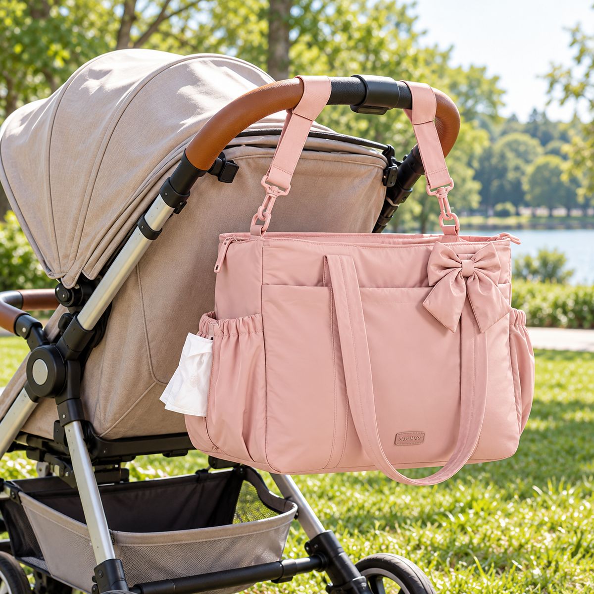 Sac à langer rose pâle avec nœud décoratif et poches latérales, accroché à la poignée d'une poussette beige
