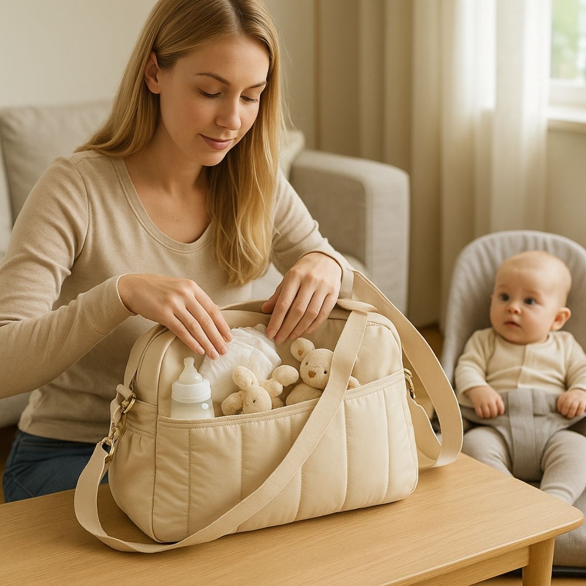 Sac a langer multifonction couleur beige utilisé par une maman pour le rangement