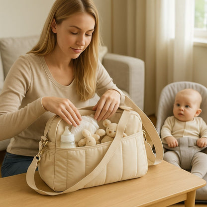 Sac a langer multifonction couleur beige utilisé par une maman pour le rangement