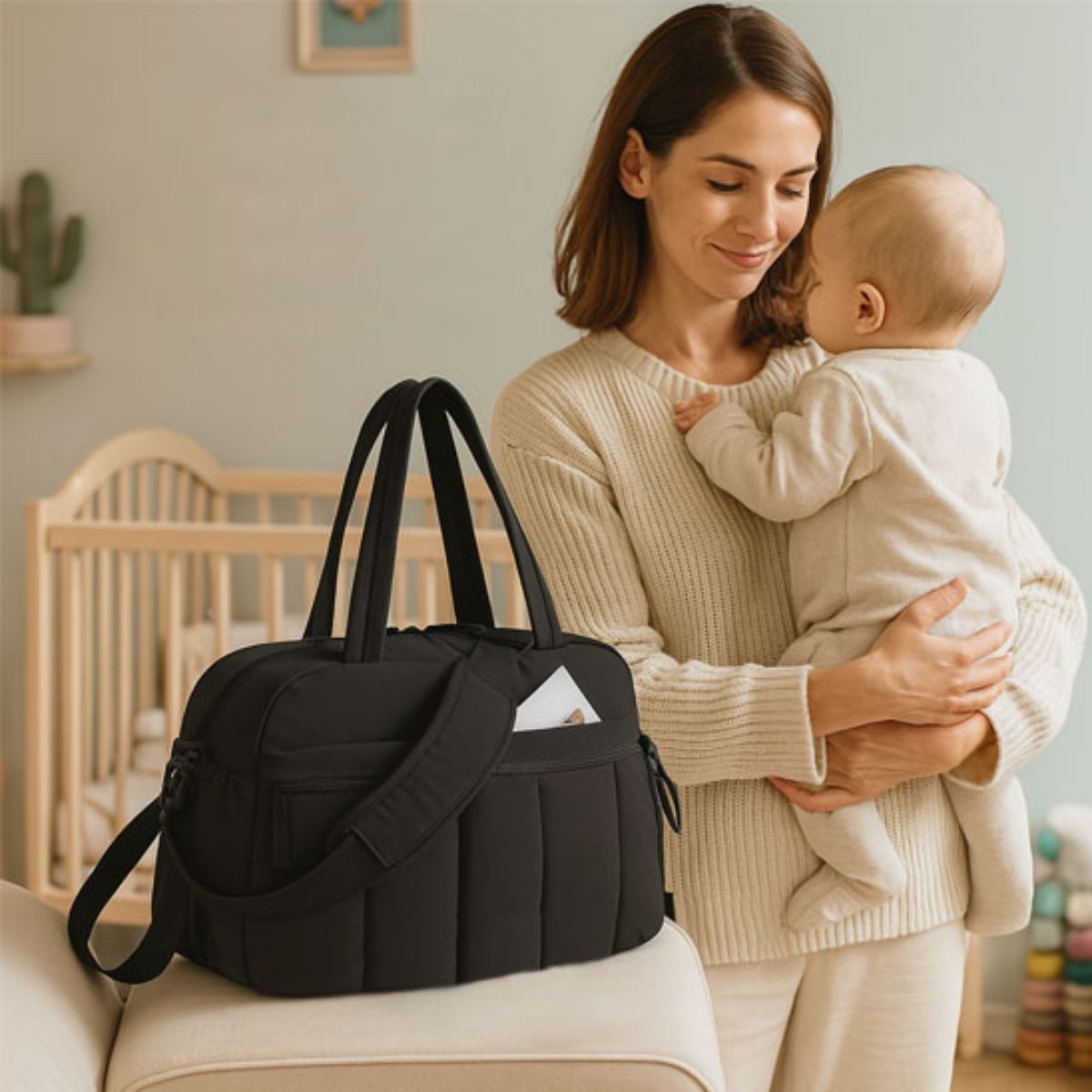 Sac a langer multifonction couleur noir à côté d’une maman portant son bébé