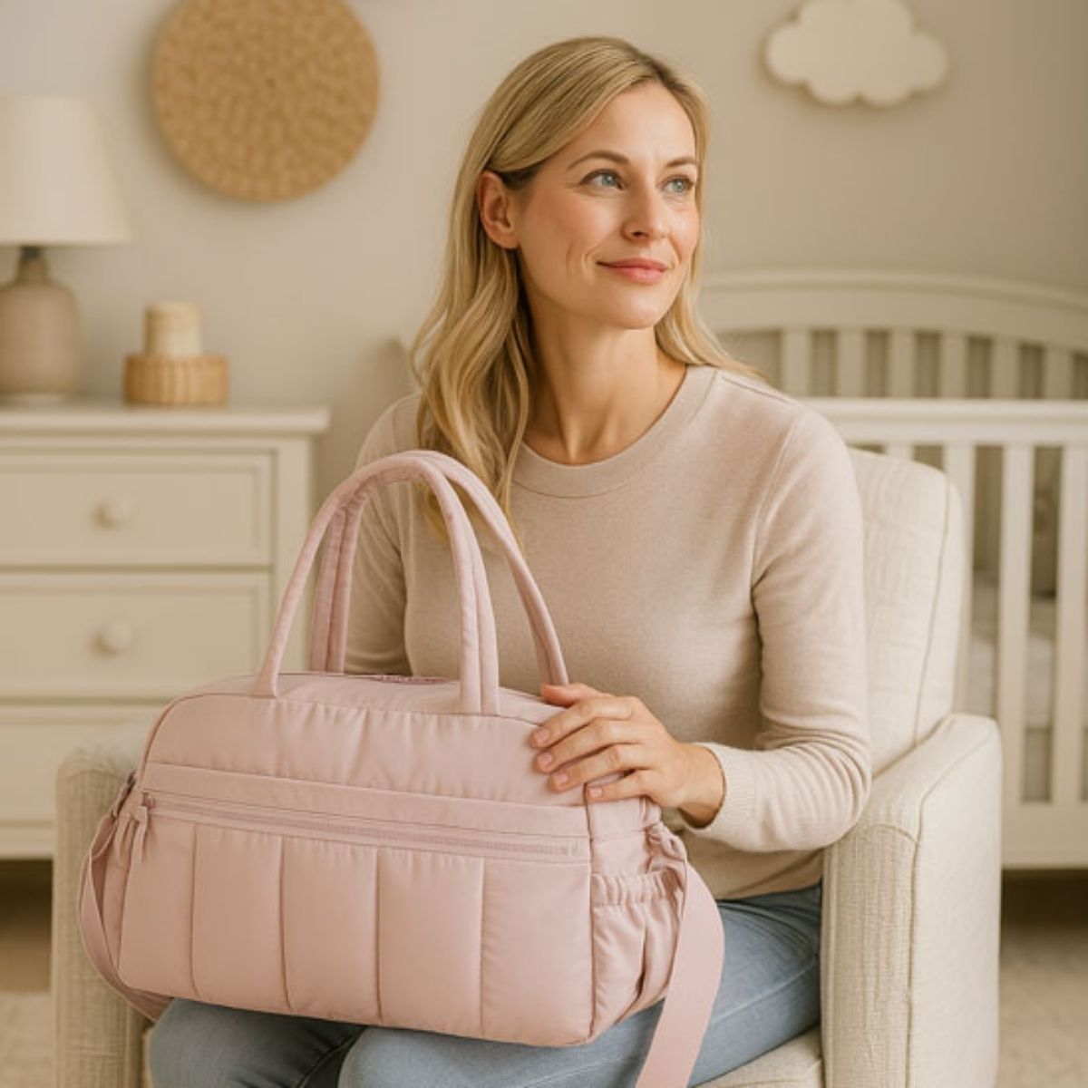 Sac a langer multifonction couleur rose tenu par une maman assise dans une chambre