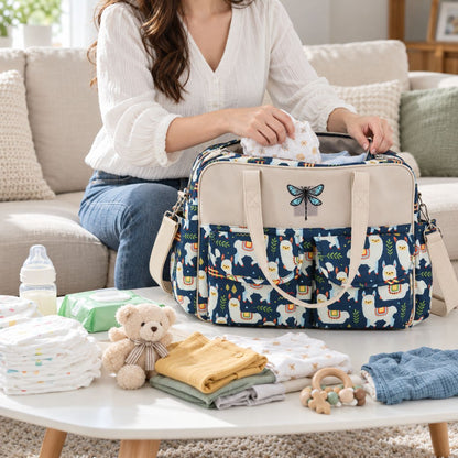Sac à langer multipoches motif Alpagas bleu nuit ouvert avec les affaires de bébé