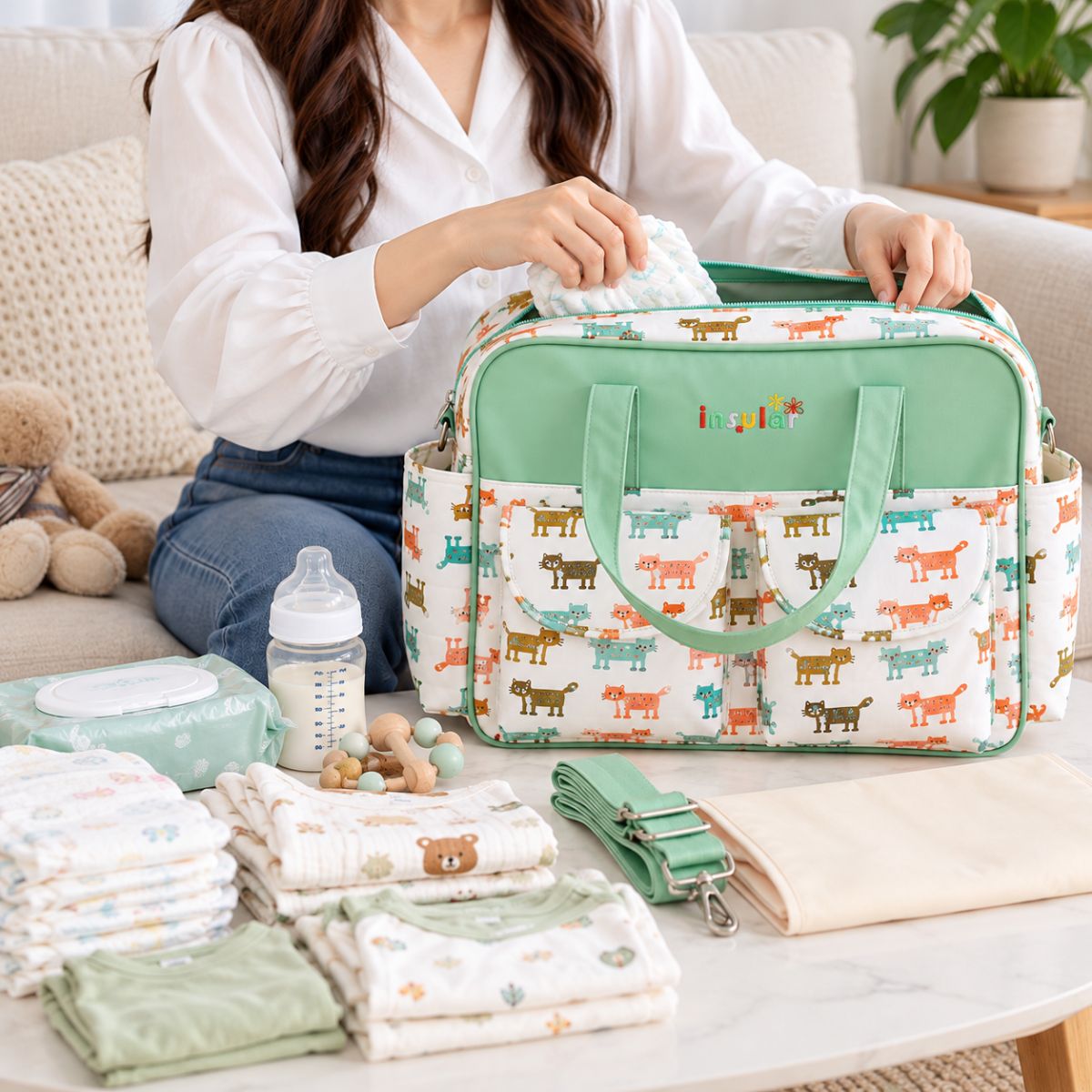 Sac à langer multipoches Style animalier à motifs de chats pendant le rangement des affaires de bébé