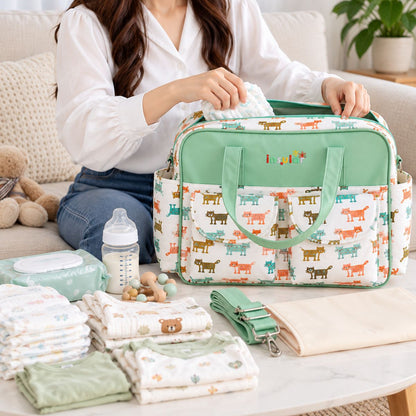 Sac à langer multipoches Style animalier à motifs de chats pendant le rangement des affaires de bébé