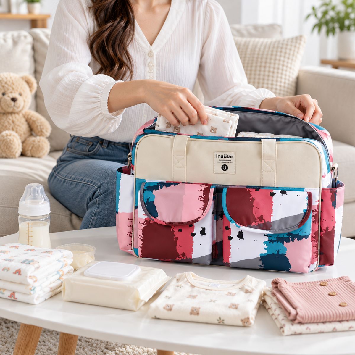 Sac à langer multipoches motif Peinture Urbaine ouvert avec les affaires de bébé