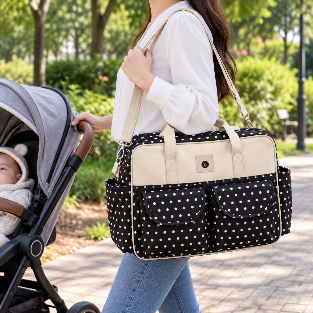 Sac à langer multipoches motif Pois noir et blanc porté à l’épaule près d’une poussette