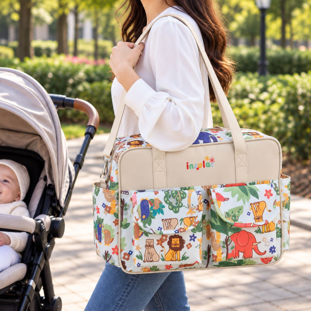 Sac à langer multipoches motif Style animalier porté à l’épaule près d’une poussette