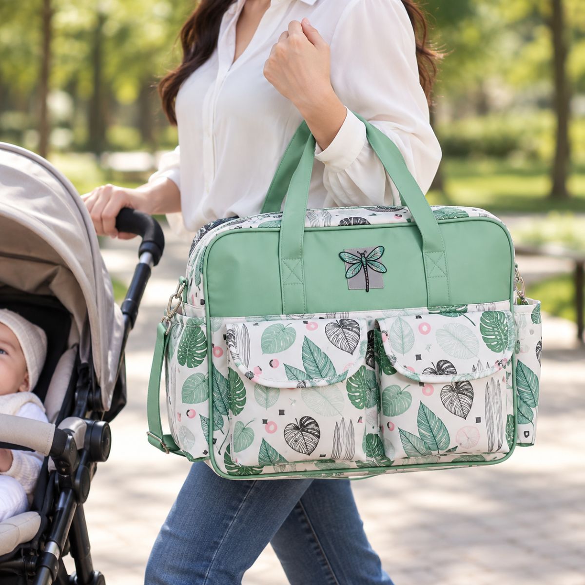 Sac à langer multipoches motif Tropical vert porté à la main près d’une poussette