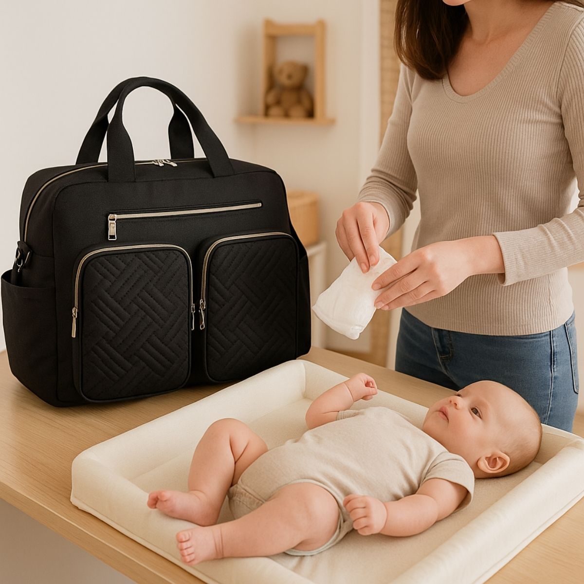 Sac a langer noir pose sur une table a langer avec maman changeant bebe