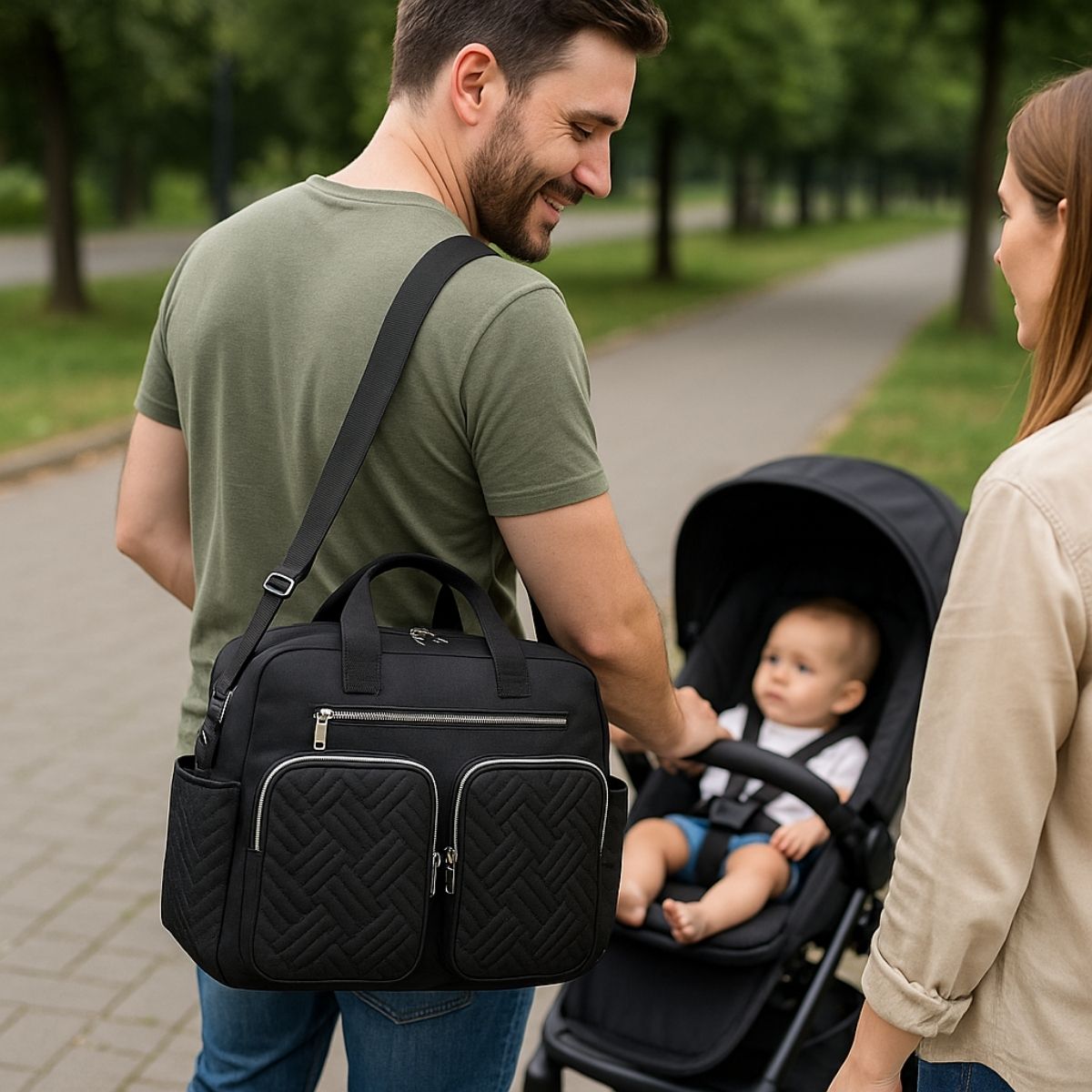 Papa portant un sac a langer noir en bandouliere en promenade avec bebe