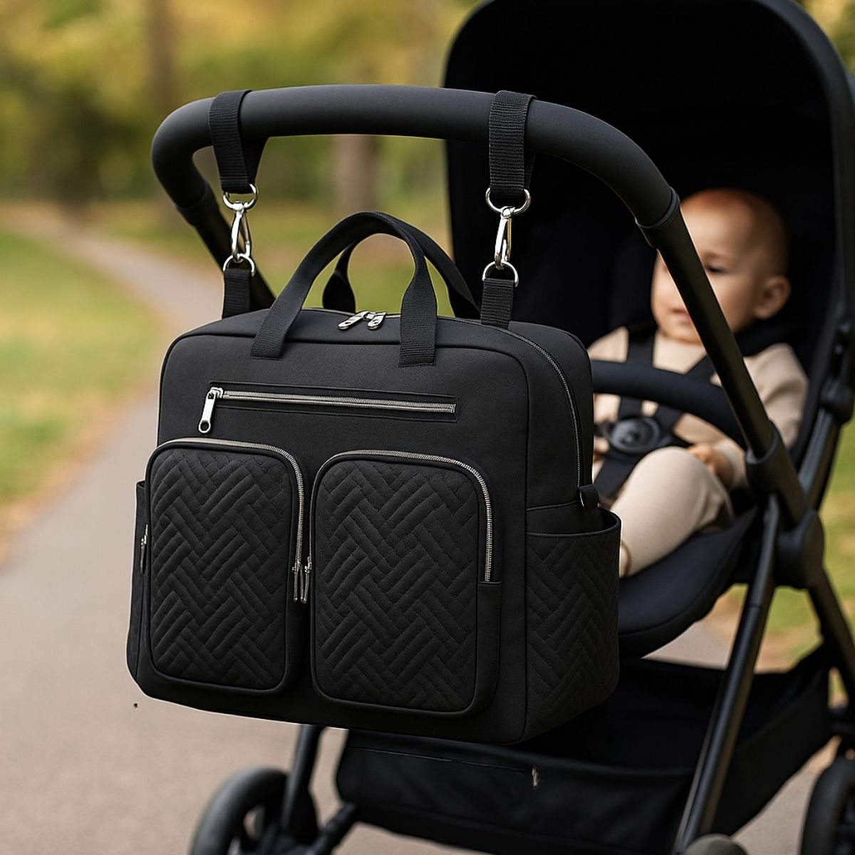 Sac a langer noir accroche a la poussette grace aux attaches