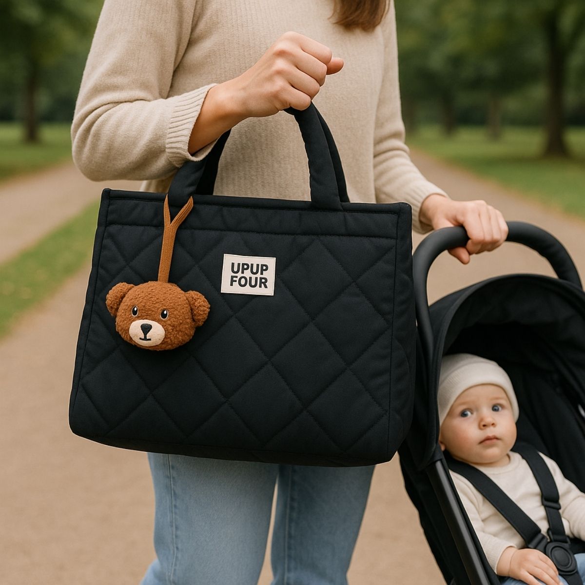 Sac a langer noir porte a la main par une maman poussant une poussette, design matelasse moderne