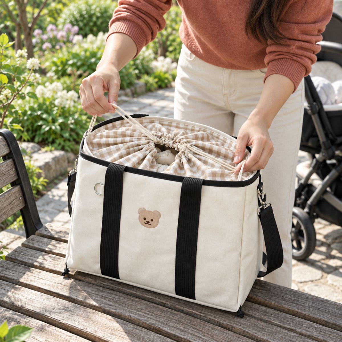Sac à langer ourson finition Noir, posé sur une table en bois, avec ouverture à cordon et doublure intérieure vichy visibles